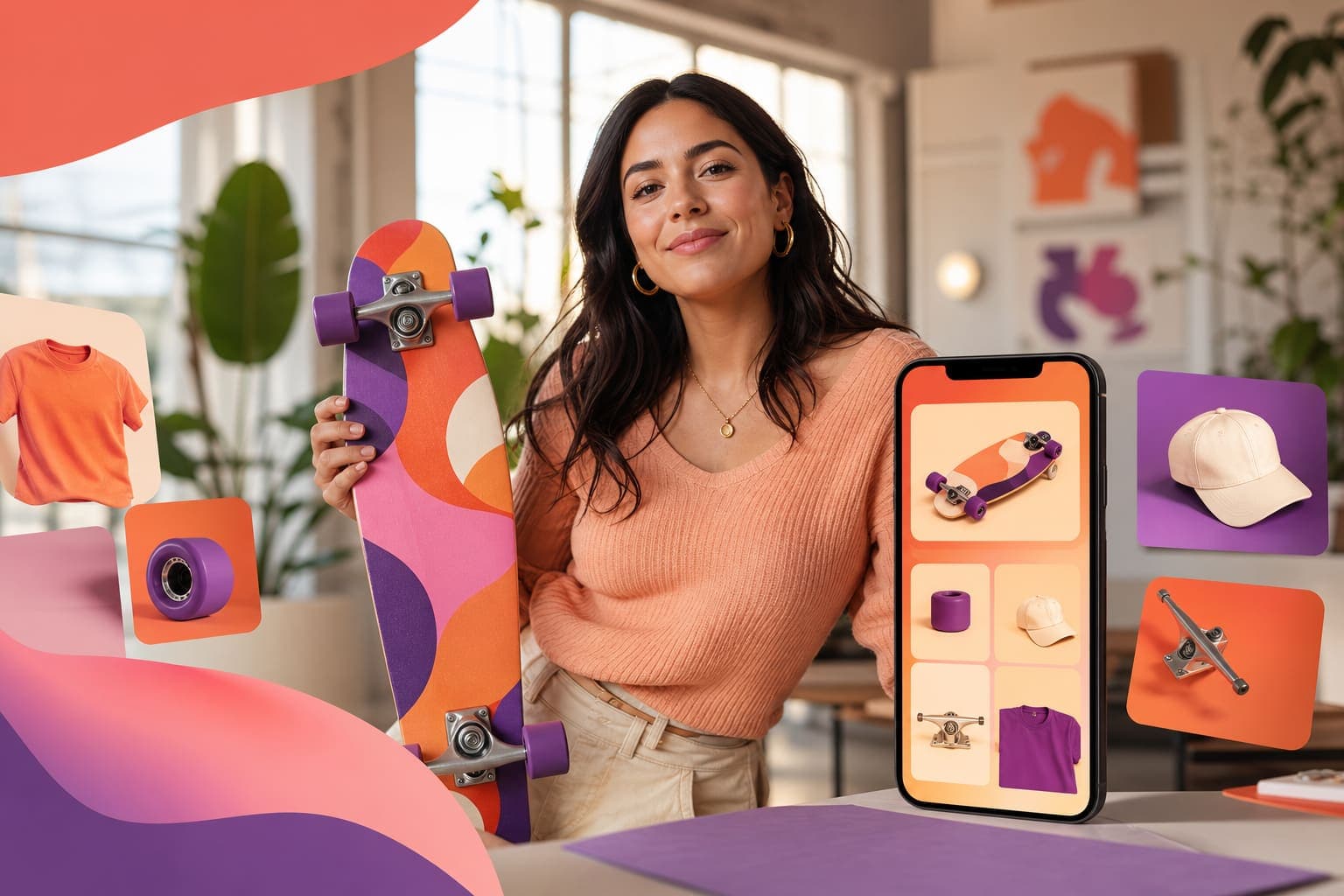 A product marketer presenting a colorful product and mobile app