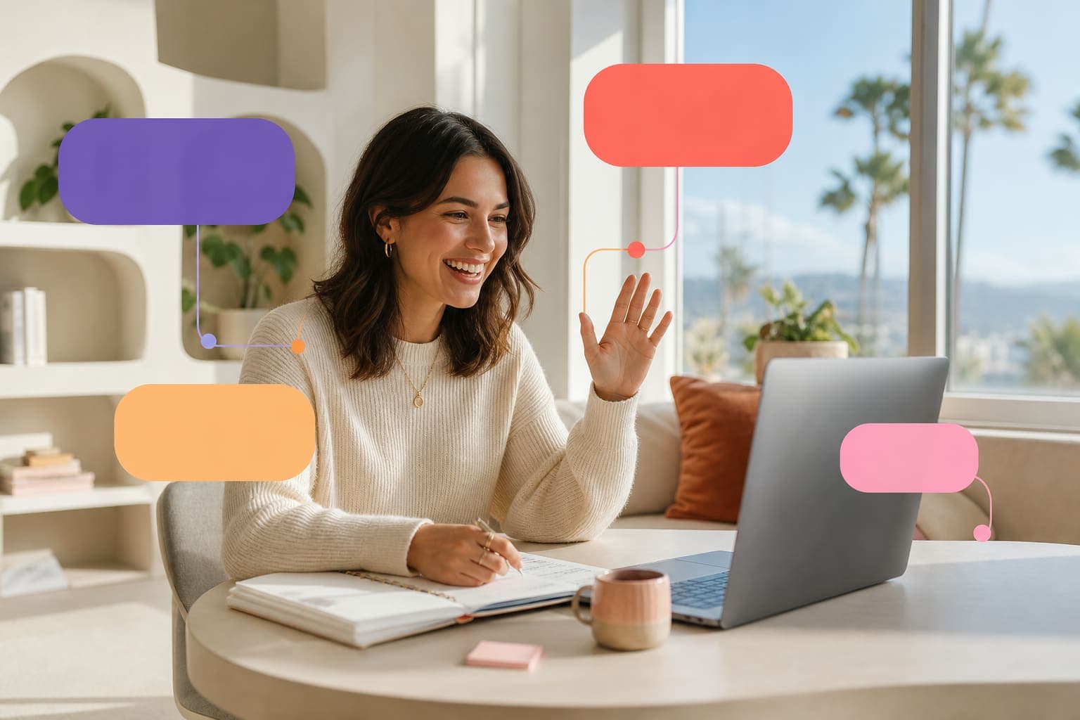 A friendly Fancyboard teammate waving during a video call