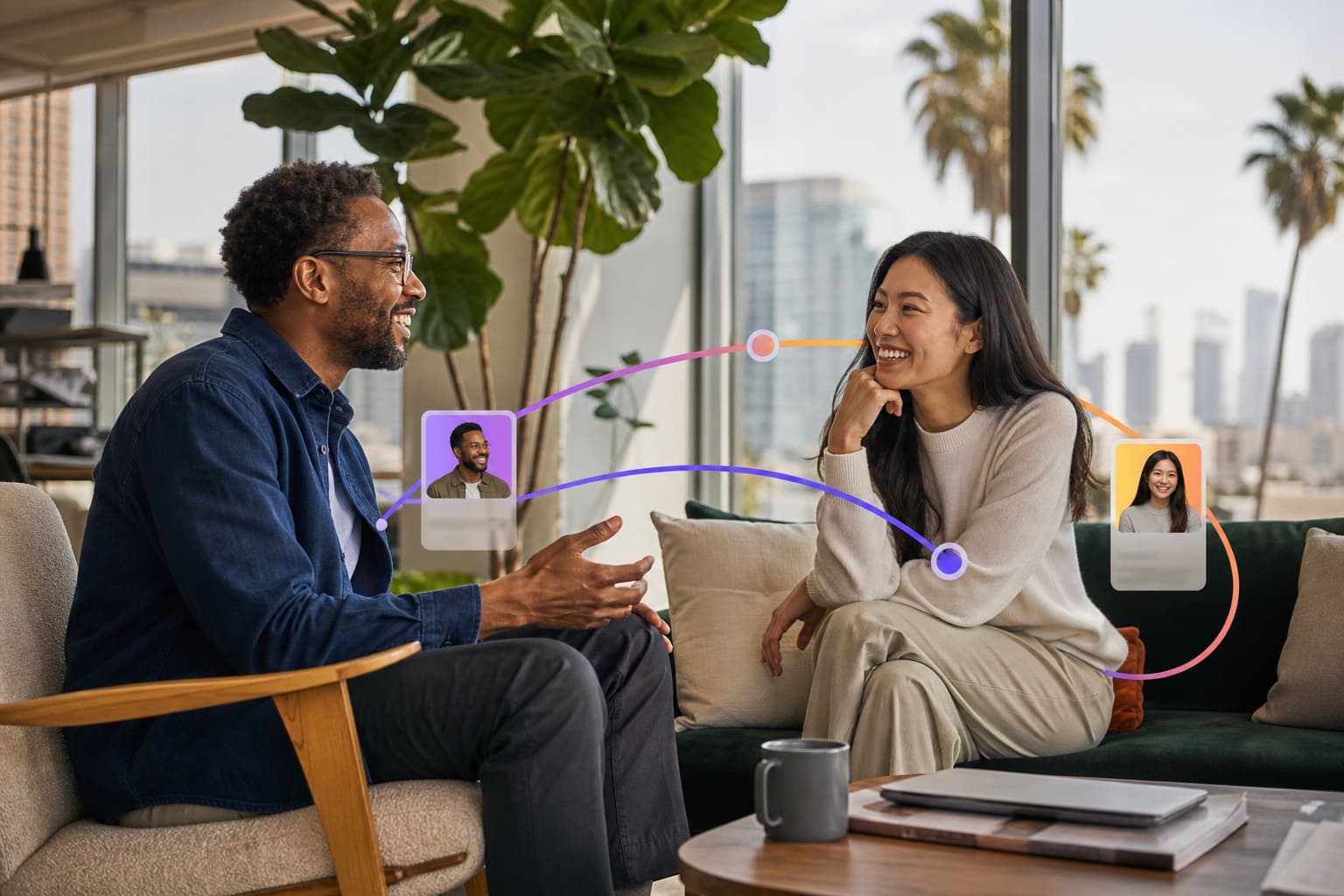 A hiring leader and candidate having a relaxed conversation