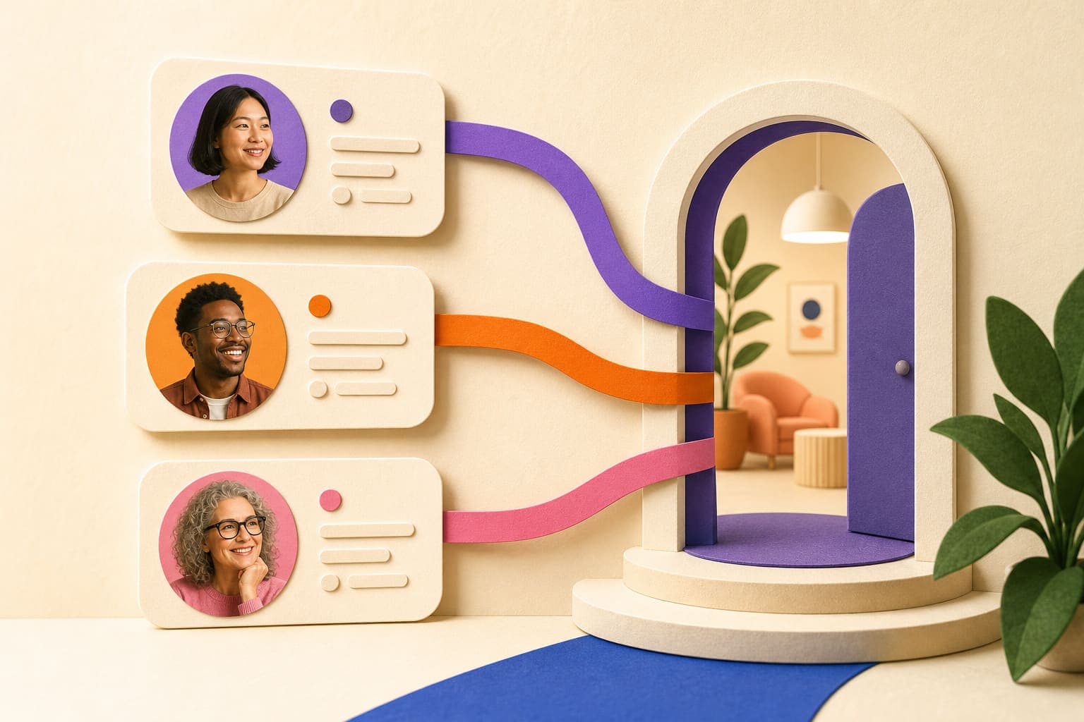 Candidate profiles connected to an open company door